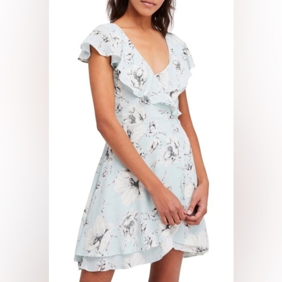 Free People French Quarter Blue Floral Cottagecore Wrap Mini Dress - Picture 3 of 12